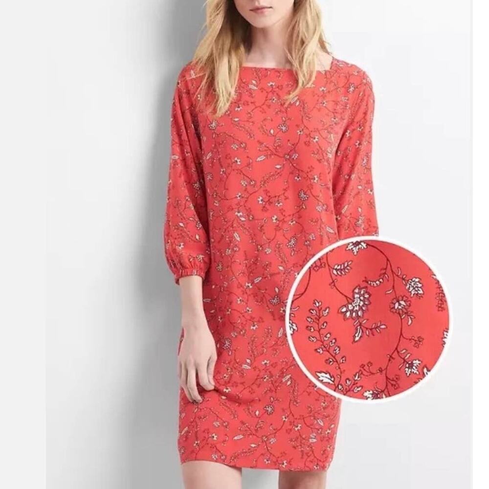 Gap Red Floral Print Boatneck 3/4 Sleeve Shift Dress Size Small